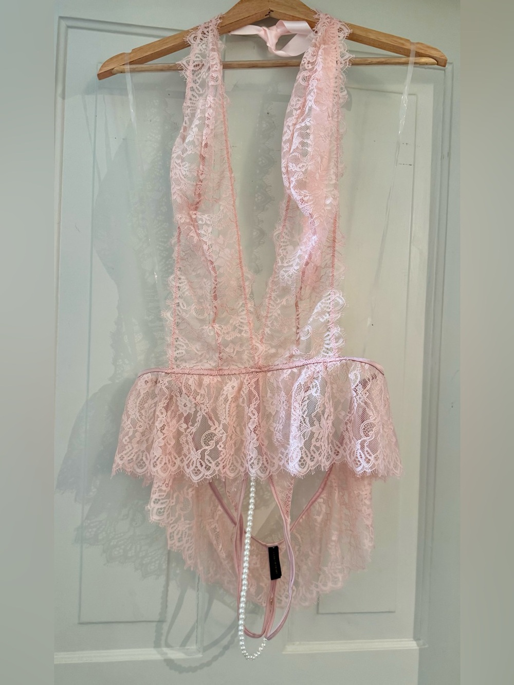Pale Pink Lace Halter Teddy with Peplum